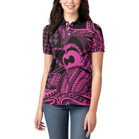 Koa Ikaika Warrior Helmet with Shark Women Polo Shirt Pink Kakau Style
