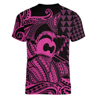 Koa Ikaika Warrior Helmet with Shark Women V-Neck T-Shirt Pink Kakau Style