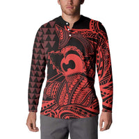 Koa Ikaika Warrior Helmet with Shark Button Sweatshirt Red Kakau Style LT9 - Polynesian Pride