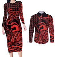 Koa Ikaika Warrior Helmet with Shark Couples Matching Long Sleeve Bodycon Dress and Long Sleeve Button Shirt Red Kakau Style