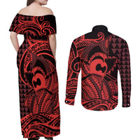 Koa Ikaika Warrior Helmet with Shark Couples Matching Off Shoulder Maxi Dress and Long Sleeve Button Shirt Red Kakau Style