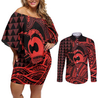 Koa Ikaika Warrior Helmet with Shark Couples Matching Off Shoulder Short Dress and Long Sleeve Button Shirt Red Kakau Style