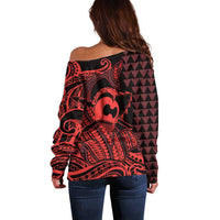 Koa Ikaika Warrior Helmet with Shark Off Shoulder Sweater Red Kakau Style