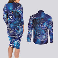 North Island Kokako and South Island Kokako Couples Matching Long Sleeve Bodycon Dress and Long Sleeve Button Shirt New Zealand Native Bird with Galaxy Vibe
