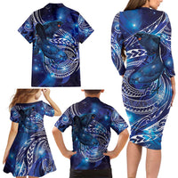 North Island Kokako and South Island Kokako Family Matching Long Sleeve Bodycon Dress and Hawaiian Shirt New Zealand Native Bird with Galaxy Vibe