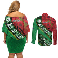 Personalised Cook Islands ANZAC 1915-2026 Filmstrip Couples Matching Off Shoulder Short Dress and Long Sleeve Button Shirt Lest We Forget 25 April