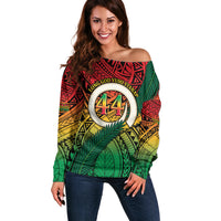 Personalised Vanuatu Yumi 44th Indipendens Dei Off Shoulder Sweater Vanuatuan Broad Tusk with Polynesian Tribal