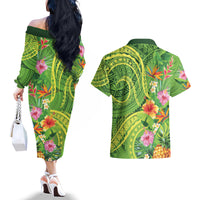 Polynesian Tribal Flower Tattoo Couples Matching Off The Shoulder Long Sleeve Dress and Hawaiian Shirt Special Lime Green Vibe
