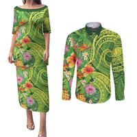 Polynesian Tribal Flower Tattoo Couples Matching Puletasi and Long Sleeve Button Shirt Special Lime Green Vibe