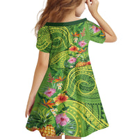 Polynesian Tribal Flower Tattoo Family Matching Long Sleeve Bodycon Dress and Hawaiian Shirt Special Lime Green Vibe