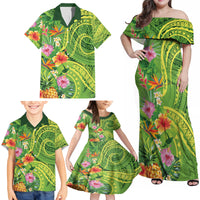 Polynesian Tribal Flower Tattoo Family Matching Off Shoulder Maxi Dress and Hawaiian Shirt Special Lime Green Vibe