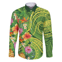 Polynesian Tribal Flower Tattoo Family Matching Puletasi and Hawaiian Shirt Special Lime Green Vibe LT9 Dad's Shirt - Long Sleeve Lime Green - Polynesian Pride