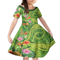 Polynesian Tribal Flower Tattoo Kid Short Sleeve Dress Special Lime Green Vibe