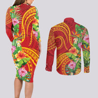 Polynesian Tribal Flower Tattoo Couples Matching Long Sleeve Bodycon Dress and Long Sleeve Button Shirt Special Vermilion Vibe