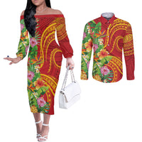 Polynesian Tribal Flower Tattoo Couples Matching Off The Shoulder Long Sleeve Dress and Long Sleeve Button Shirt Special Vermilion Vibe