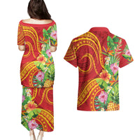 Polynesian Tribal Flower Tattoo Couples Matching Puletasi and Hawaiian Shirt Special Vermilion Vibe