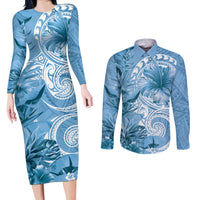 Polynesian Hibiscus Flower Tribal Couples Matching Long Sleeve Bodycon Dress and Long Sleeve Button Shirt Blue Color