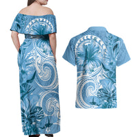Polynesian Hibiscus Flower Tribal Couples Matching Off Shoulder Maxi Dress and Hawaiian Shirt Blue Color
