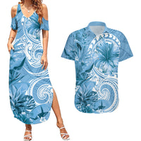 Polynesian Hibiscus Flower Tribal Couples Matching Summer Maxi Dress and Hawaiian Shirt Blue Color