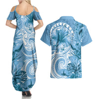 Polynesian Hibiscus Flower Tribal Couples Matching Summer Maxi Dress and Hawaiian Shirt Blue Color