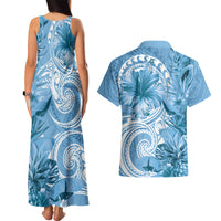 Polynesian Hibiscus Flower Tribal Couples Matching Tank Maxi Dress and Hawaiian Shirt Blue Color