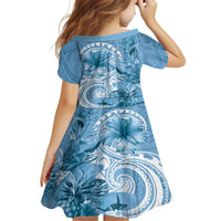 Polynesian Hibiscus Flower Tribal Family Matching Long Sleeve Bodycon Dress and Hawaiian Shirt Blue Color