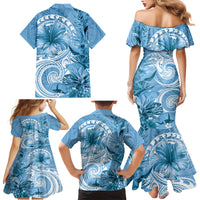Polynesian Hibiscus Flower Tribal Family Matching Mermaid Dress and Hawaiian Shirt Blue Color