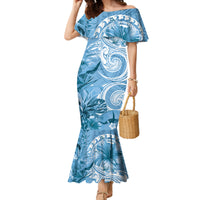 Polynesian Hibiscus Flower Tribal Family Matching Mermaid Dress and Hawaiian Shirt Blue Color