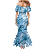 Polynesian Hibiscus Flower Tribal Family Matching Mermaid Dress and Hawaiian Shirt Blue Color