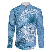Polynesian Hibiscus Flower Tribal Family Matching Tank Maxi Dress and Hawaiian Shirt Blue Color LT9 Dad's Shirt - Long Sleeve Blue - Polynesian Pride