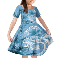 Polynesian Hibiscus Flower Tribal Kid Short Sleeve Dress Blue Color