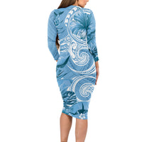 Polynesian Hibiscus Flower Tribal Long Sleeve Bodycon Dress Blue Color LT9 - Polynesian Pride