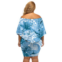Polynesian Hibiscus Flower Tribal Off Shoulder Short Dress Blue Color
