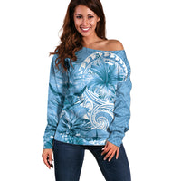 Polynesian Hibiscus Flower Tribal Off Shoulder Sweater Blue Color