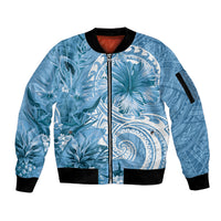 Polynesian Hibiscus Flower Tribal Sleeve Zip Bomber Jacket Blue Color