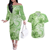 Polynesian Hibiscus Flower Tribal Couples Matching Off The Shoulder Long Sleeve Dress and Hawaiian Shirt Lime Green Color