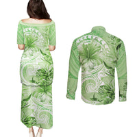 Polynesian Hibiscus Flower Tribal Couples Matching Puletasi and Long Sleeve Button Shirt Lime Green Color LT9 - Polynesian Pride