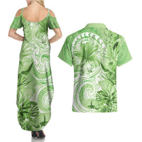 Polynesian Hibiscus Flower Tribal Couples Matching Summer Maxi Dress and Hawaiian Shirt Lime Green Color