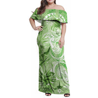 Polynesian Hibiscus Flower Tribal Family Matching Off Shoulder Maxi Dress and Hawaiian Shirt Lime Green Color