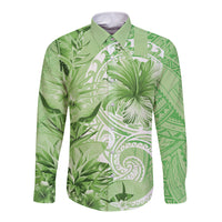 Polynesian Hibiscus Flower Tribal Long Sleeve Button Shirt Lime Green Color