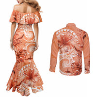 Polynesian Hibiscus Flower Tribal Couples Matching Mermaid Dress and Long Sleeve Button Shirt Peach Color