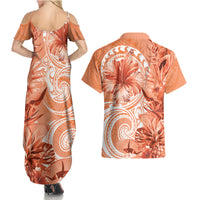 Polynesian Hibiscus Flower Tribal Couples Matching Summer Maxi Dress and Hawaiian Shirt Peach Color
