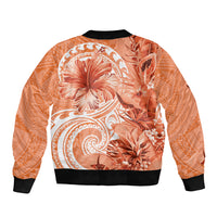 Polynesian Hibiscus Flower Tribal Sleeve Zip Bomber Jacket Peach Color