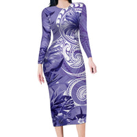 Polynesian Hibiscus Flower Tribal Long Sleeve Bodycon Dress Violet Color LT9 Long Dress Violet - Polynesian Pride