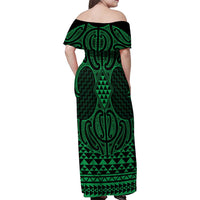 Kakariki Maori Ta Moko Poutama Art Family Matching Off Shoulder Maxi Dress and Hawaiian Shirt