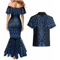 Kikorangi Maori Ta Moko Poutama Art Couples Matching Mermaid Dress and Hawaiian Shirt