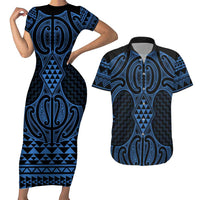 Kikorangi Maori Ta Moko Poutama Art Couples Matching Short Sleeve Bodycon Dress and Hawaiian Shirt