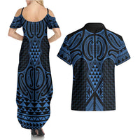 Kikorangi Maori Ta Moko Poutama Art Couples Matching Summer Maxi Dress and Hawaiian Shirt