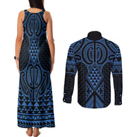 Kikorangi Maori Ta Moko Poutama Art Couples Matching Tank Maxi Dress and Long Sleeve Button Shirt