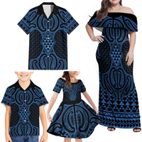 Kikorangi Maori Ta Moko Poutama Art Family Matching Off Shoulder Maxi Dress and Hawaiian Shirt
